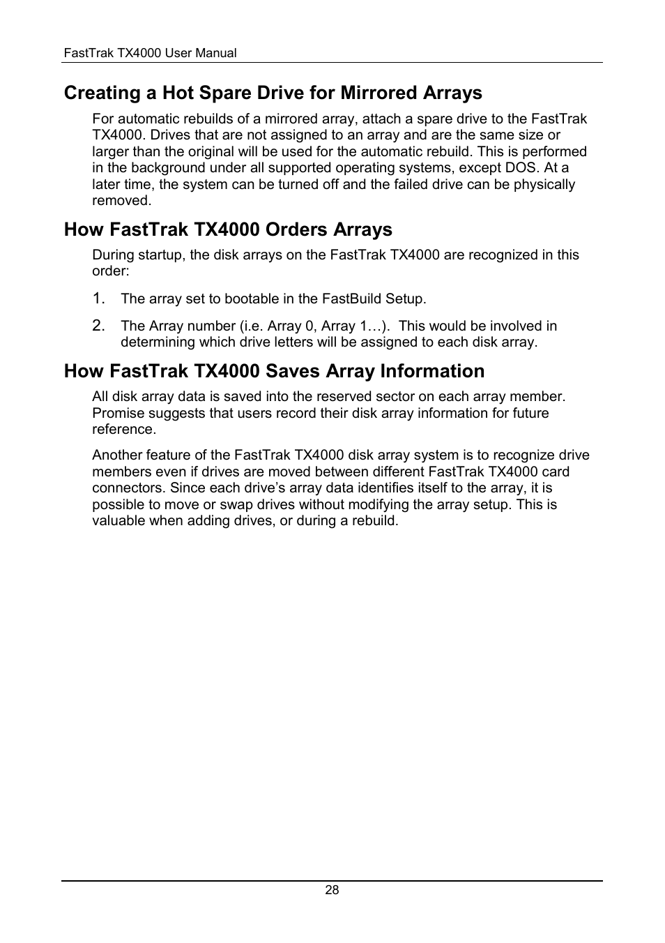 Hot spare drive, Creating a hot spare drive for mirrored arrays, How fasttrak tx4000 orders arrays | How fasttrak tx4000 saves array information | Promise Technology FastTrak TX4000 User Manual | Page 32 / 76