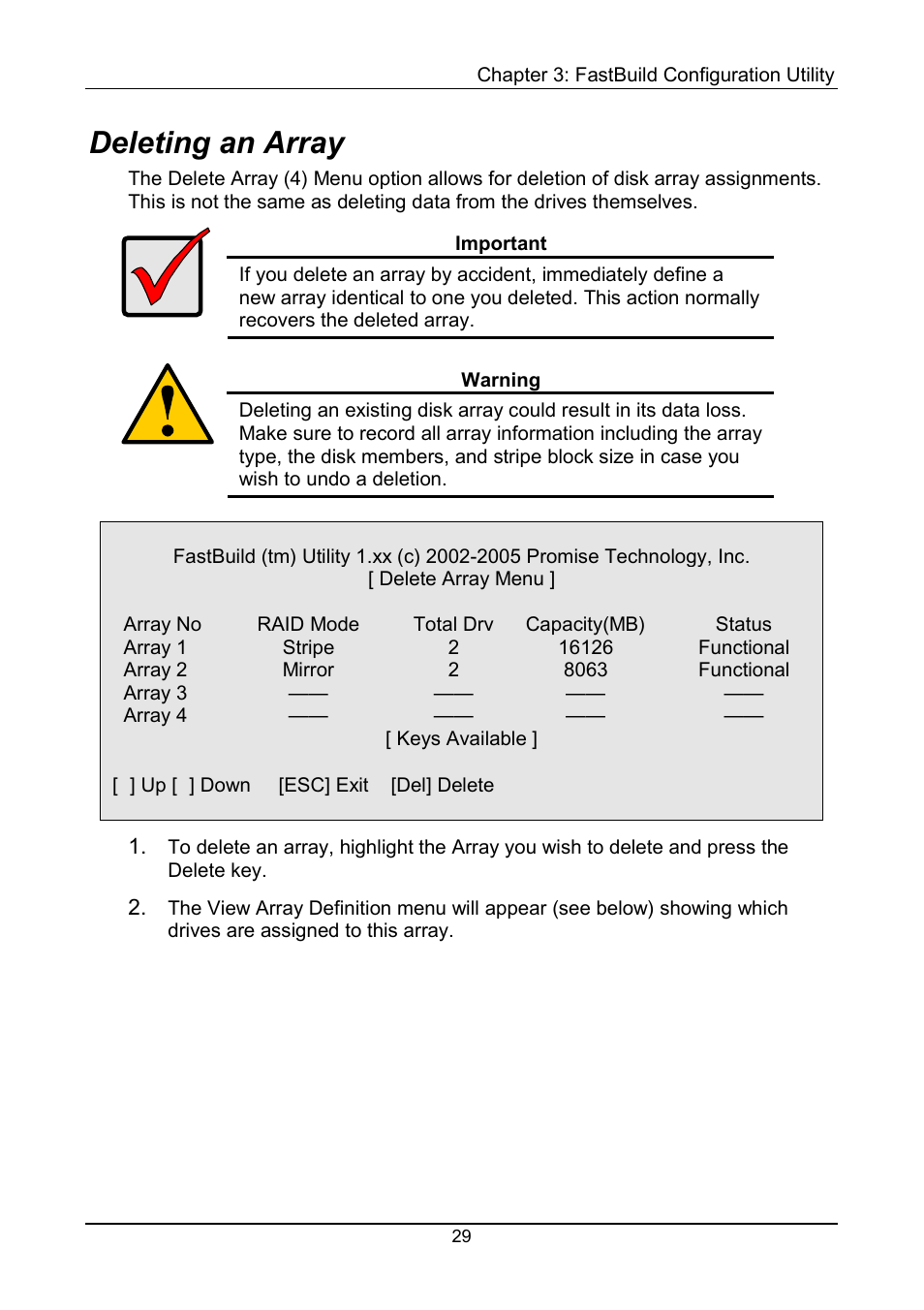 Deleting an array | Promise Technology FastTrak TX4000 User Manual | Page 33 / 76