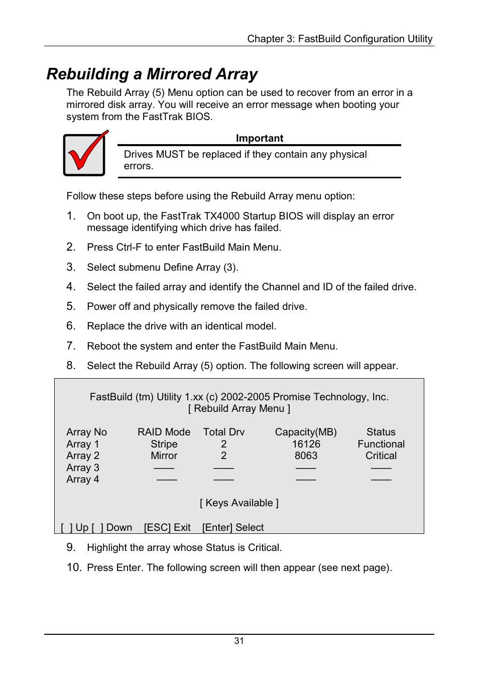 Rebuilding a mirrored array | Promise Technology FastTrak TX4000 User Manual | Page 35 / 76
