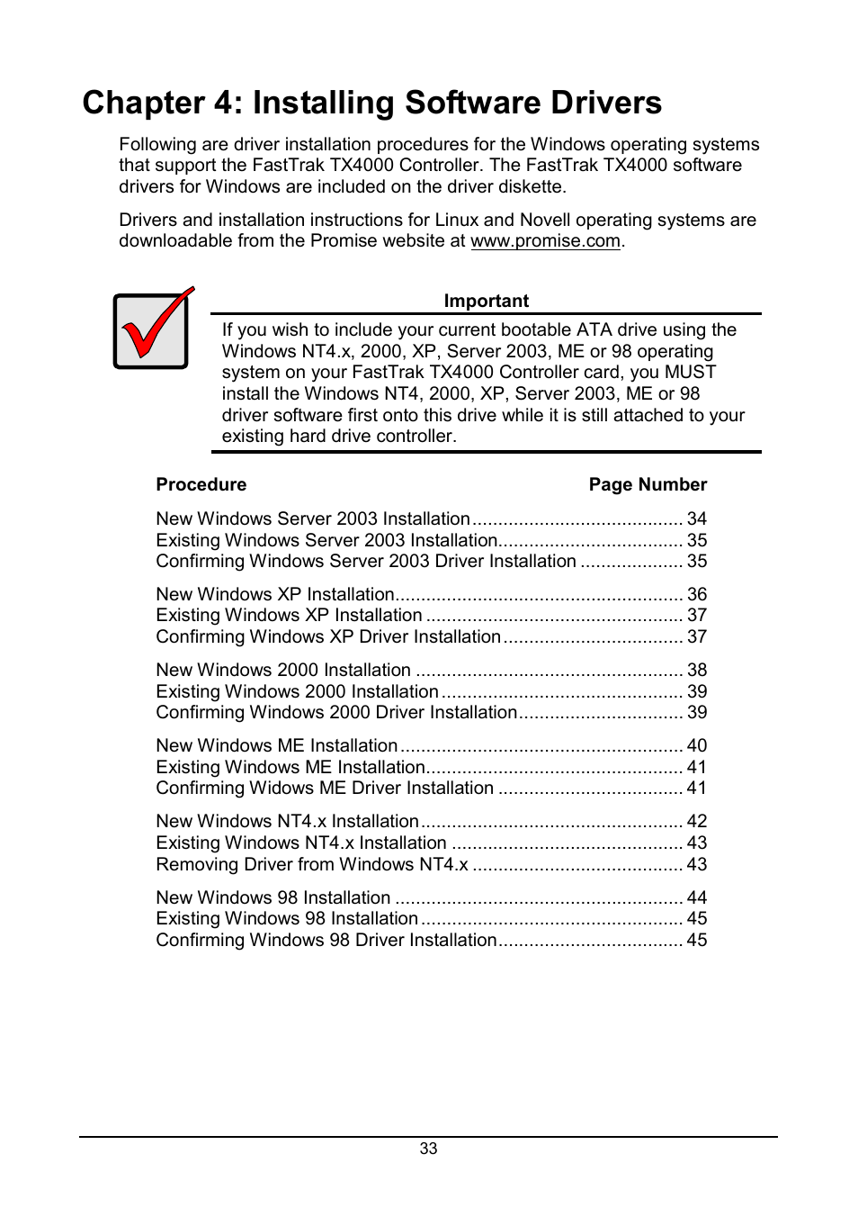 Chapter 4: installing software drivers | Promise Technology FastTrak TX4000 User Manual | Page 37 / 76