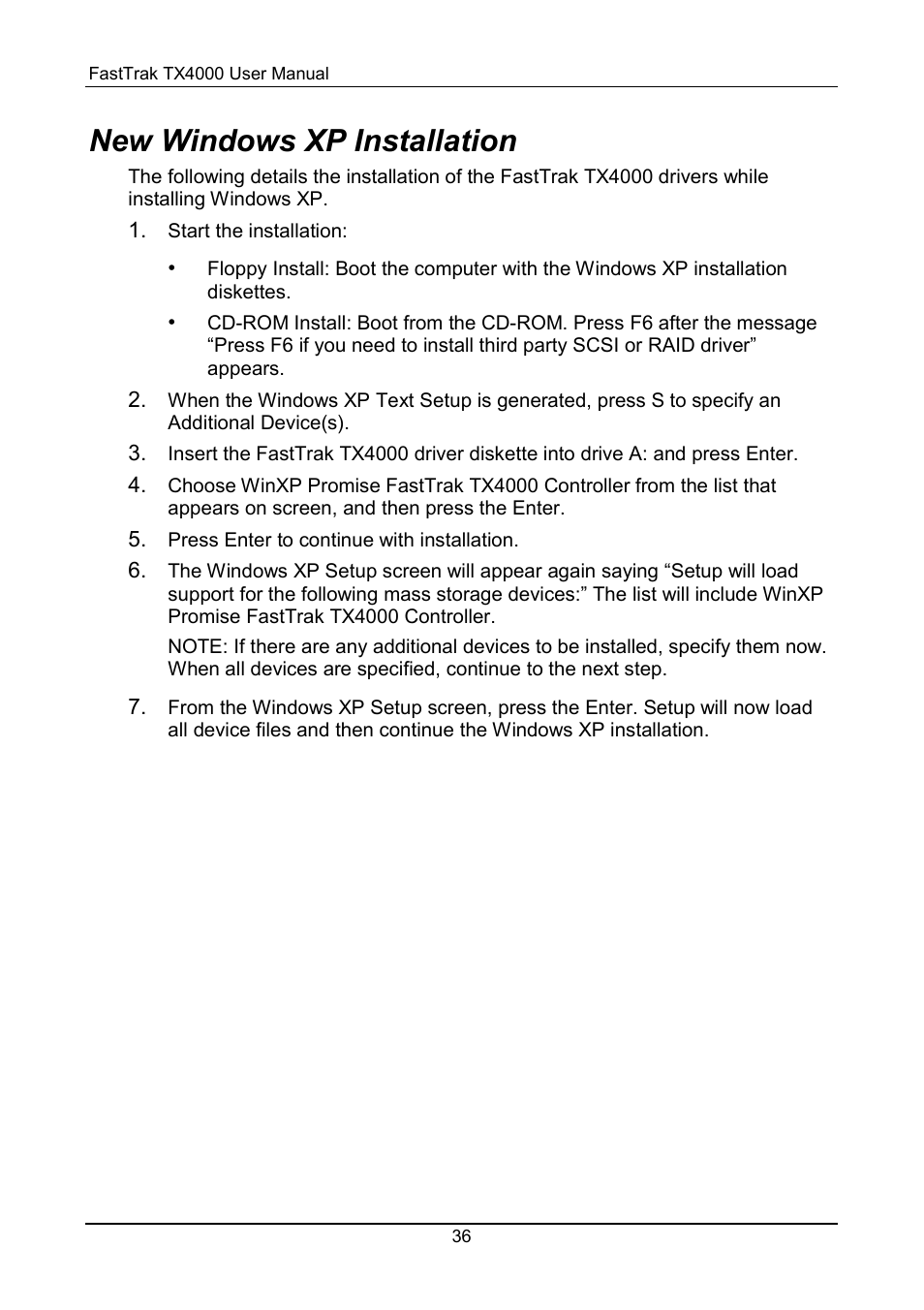 Windows xp installation, New windows xp installation | Promise Technology FastTrak TX4000 User Manual | Page 40 / 76