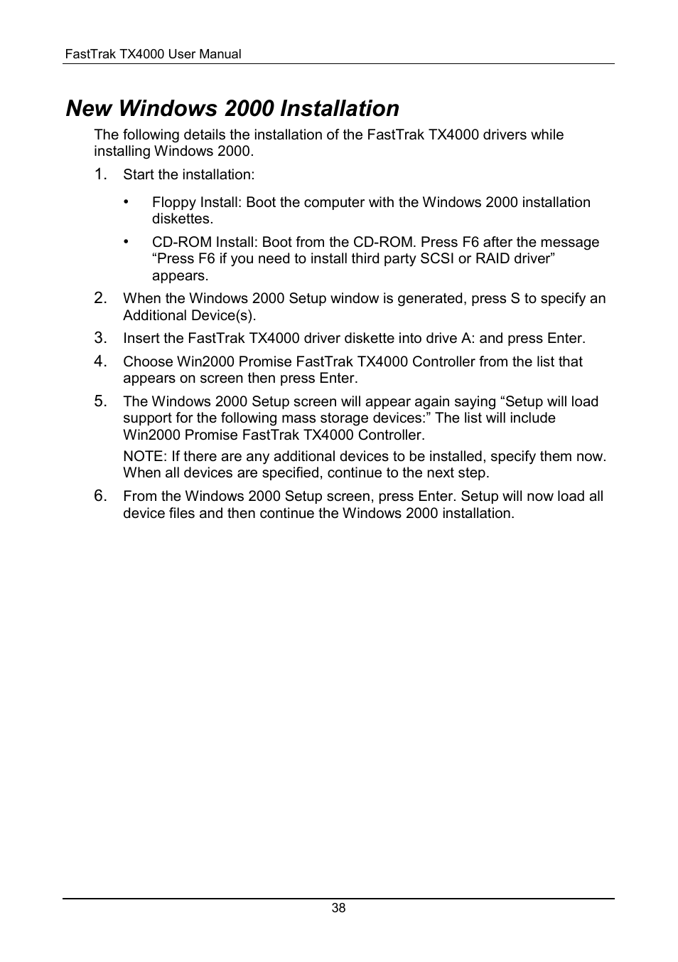 Windows 2000, New windows 2000 installation | Promise Technology FastTrak TX4000 User Manual | Page 42 / 76