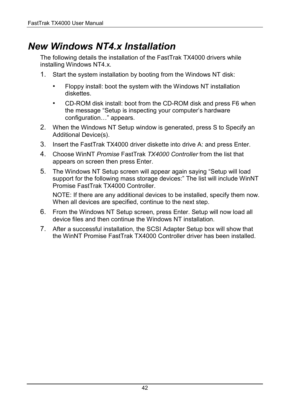 Windows nt4.x, New windows nt4.x installation | Promise Technology FastTrak TX4000 User Manual | Page 46 / 76