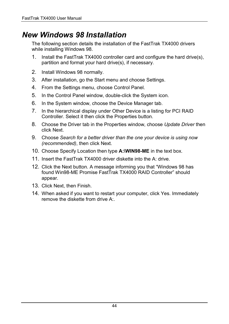 Windows 98, New windows 98 installation | Promise Technology FastTrak TX4000 User Manual | Page 48 / 76