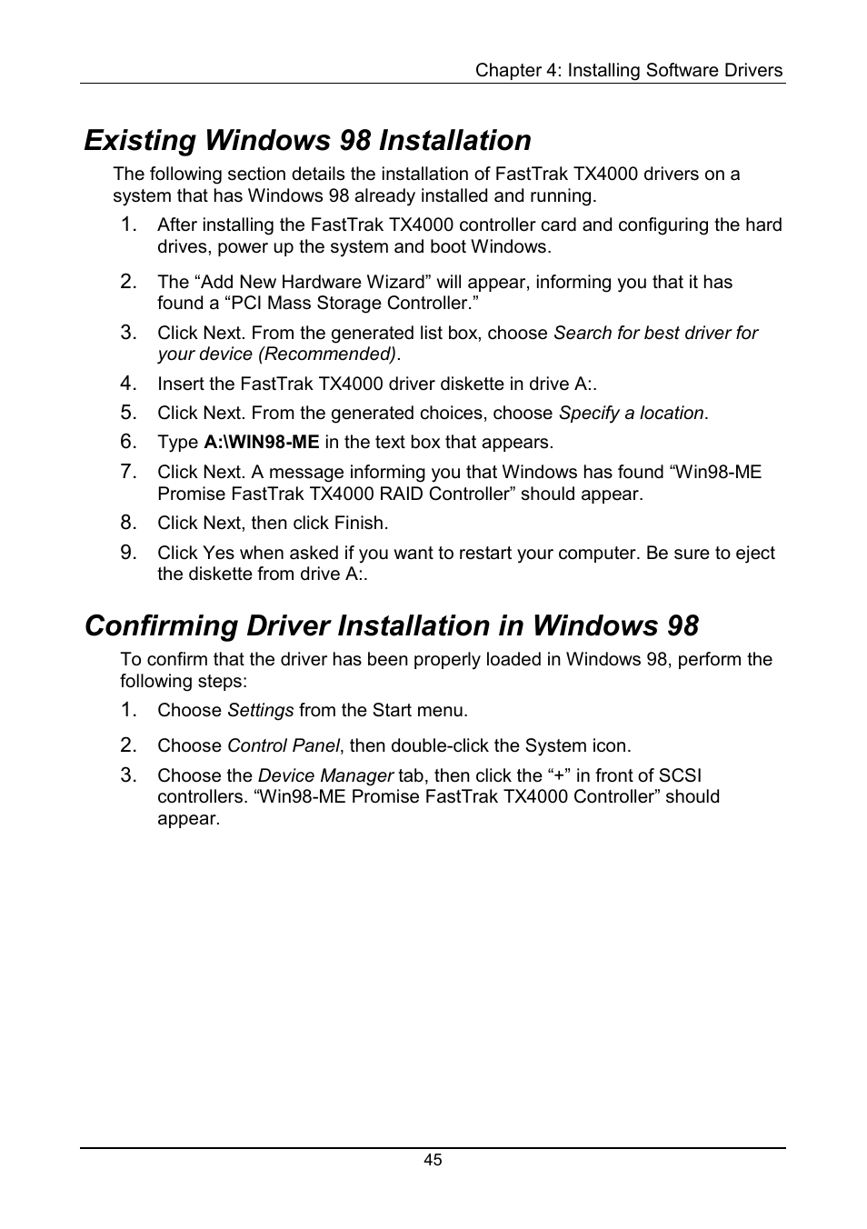 Existing, Confirming, Existing windows 98 installation | Confirming driver installation in windows 98 | Promise Technology FastTrak TX4000 User Manual | Page 49 / 76