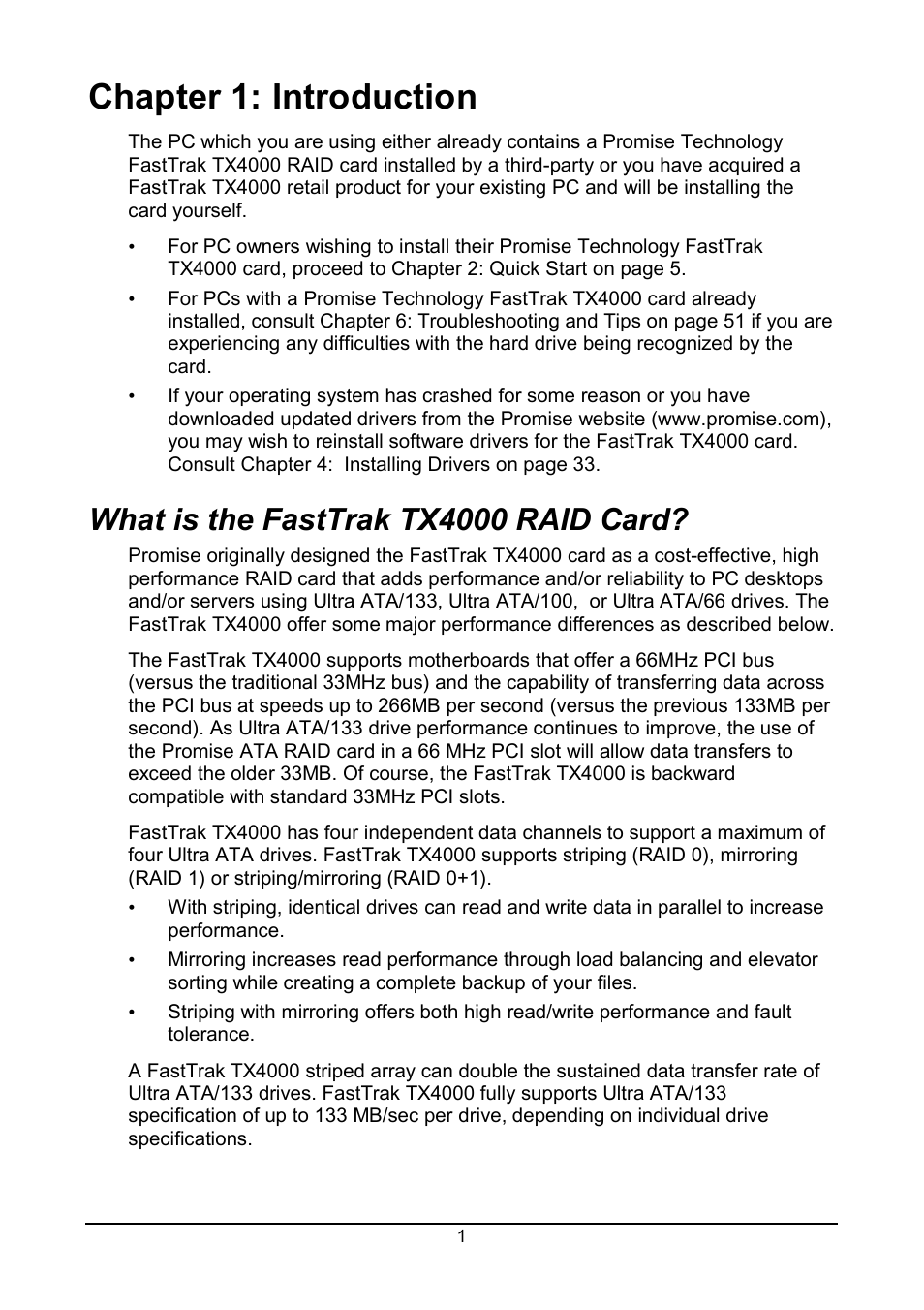 Chapter 1: introduction, Fasttrak raid card, What is the fasttrak tx4000 raid card | Promise Technology FastTrak TX4000 User Manual | Page 5 / 76