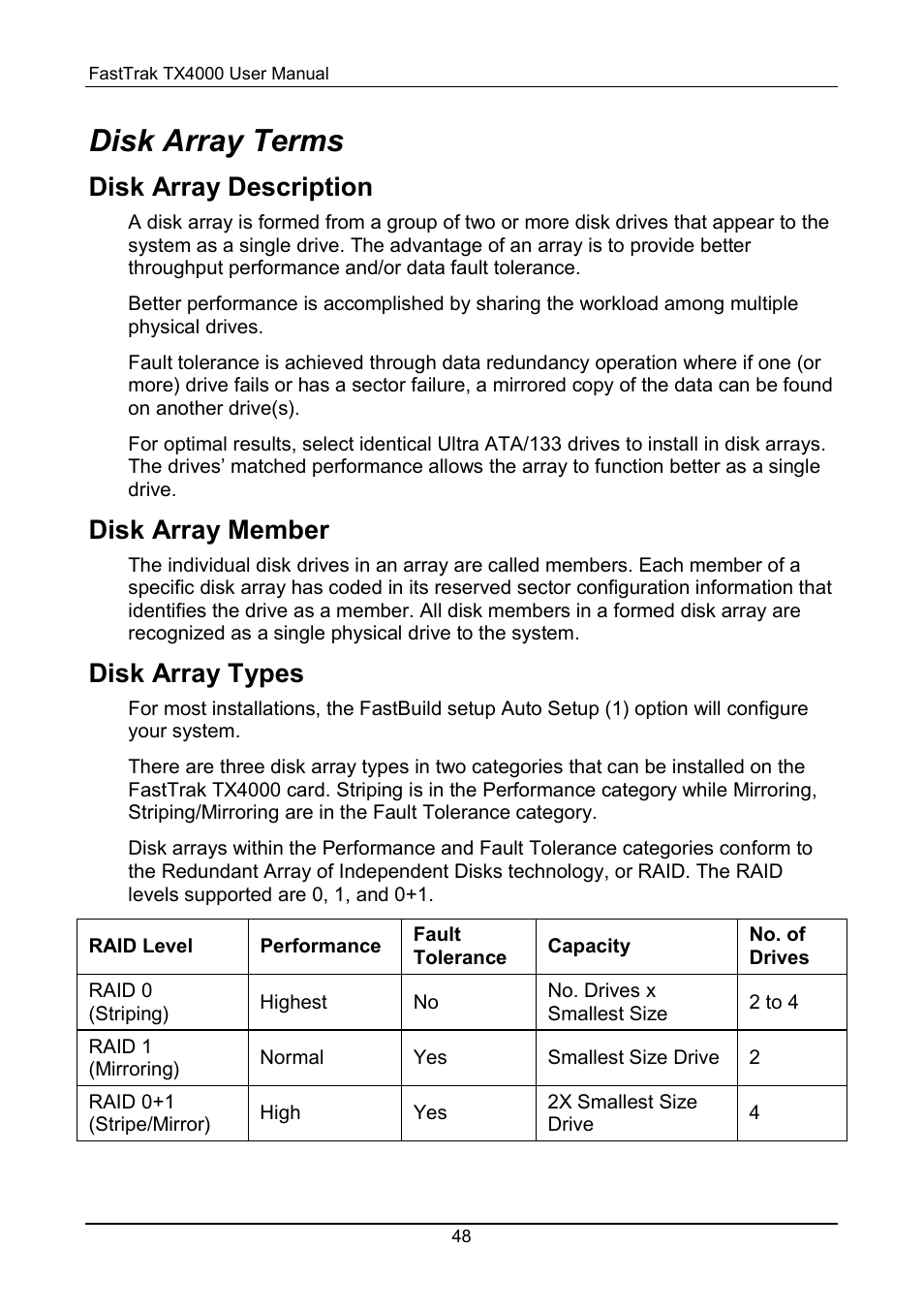 Disk array terms, Description, Member | Types, Disk array description, Disk array member, Disk array types | Promise Technology FastTrak TX4000 User Manual | Page 52 / 76