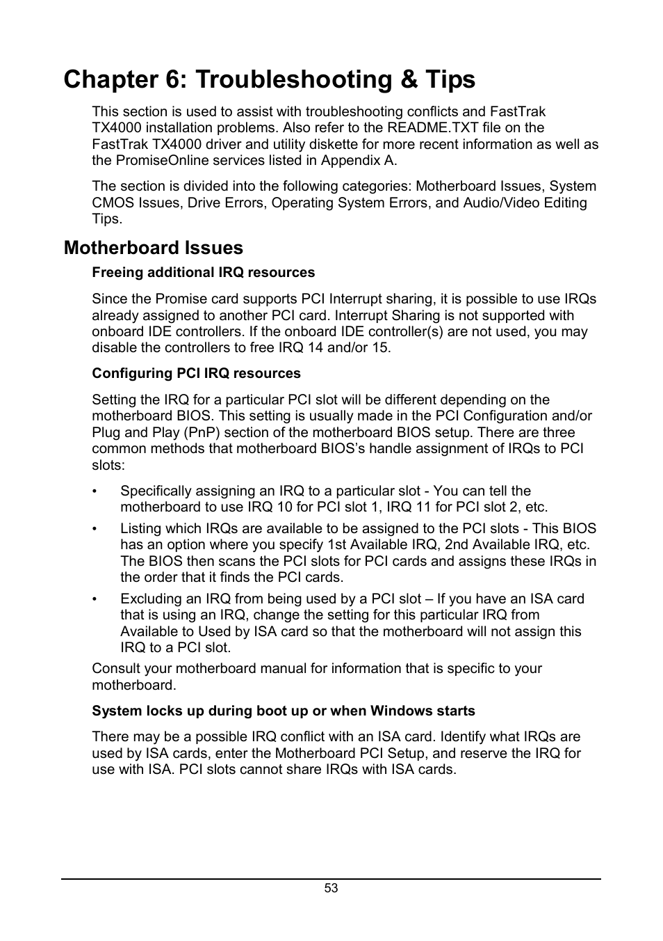 Chapter 6: troubleshooting & tips, Motherboard issues | Promise Technology FastTrak TX4000 User Manual | Page 57 / 76