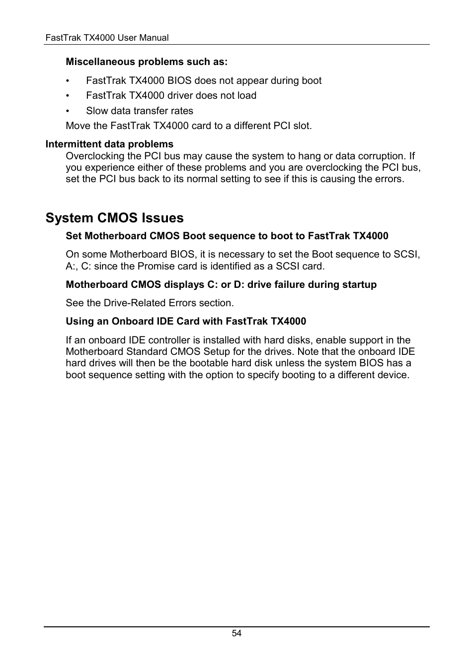 System cmos issues | Promise Technology FastTrak TX4000 User Manual | Page 58 / 76