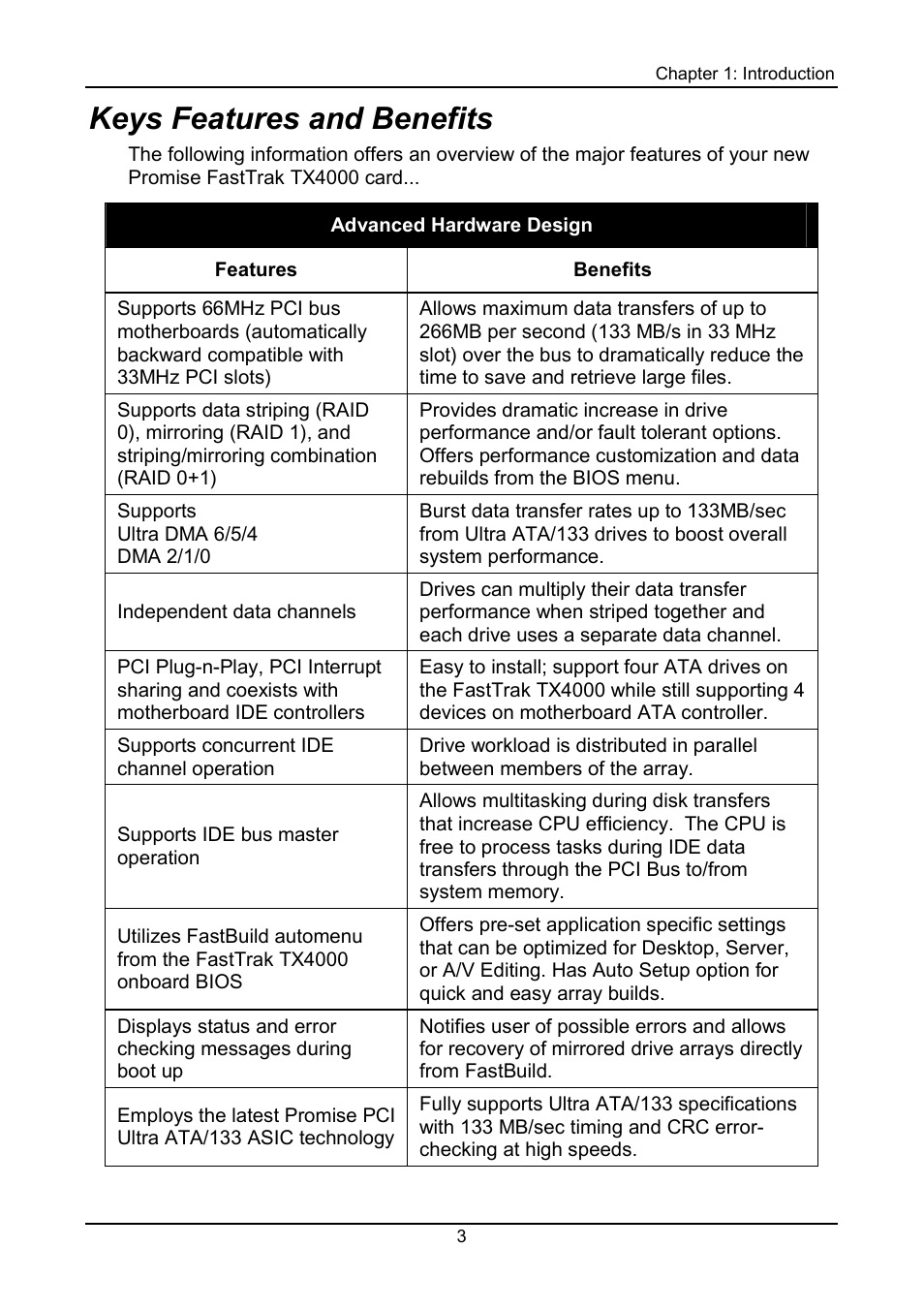 Keys features and benefits | Promise Technology FastTrak TX4000 User Manual | Page 7 / 76