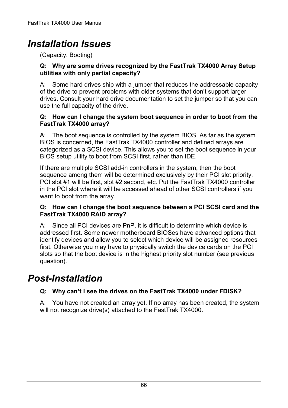 Installation issues, Post-installation | Promise Technology FastTrak TX4000 User Manual | Page 70 / 76