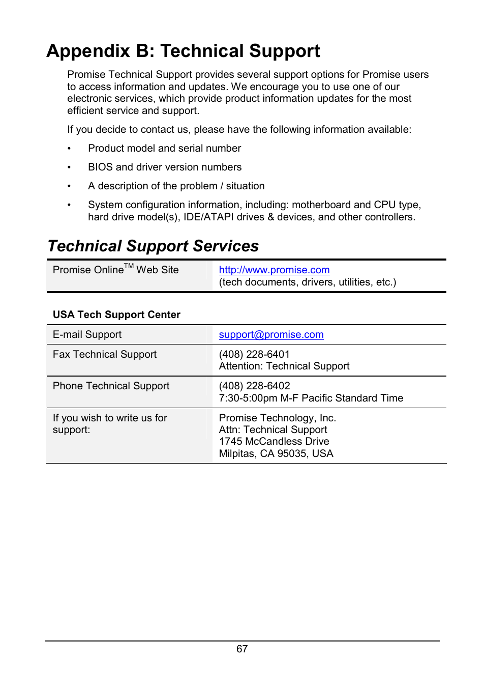 Appendix b: technical support, Technical support services | Promise Technology FastTrak TX4000 User Manual | Page 71 / 76