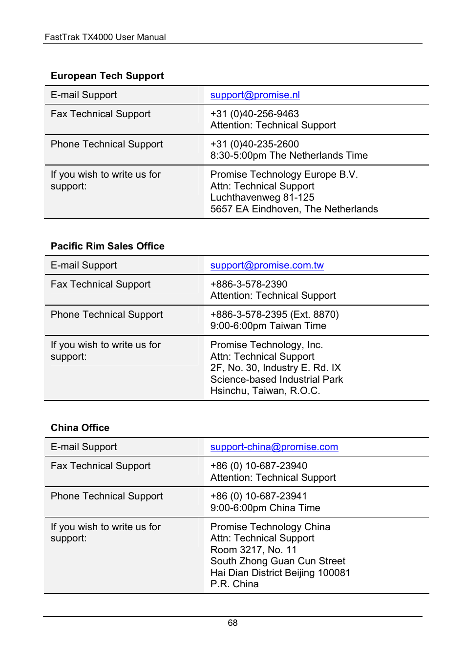 Europe, Pacific rim, China | Promise Technology FastTrak TX4000 User Manual | Page 72 / 76