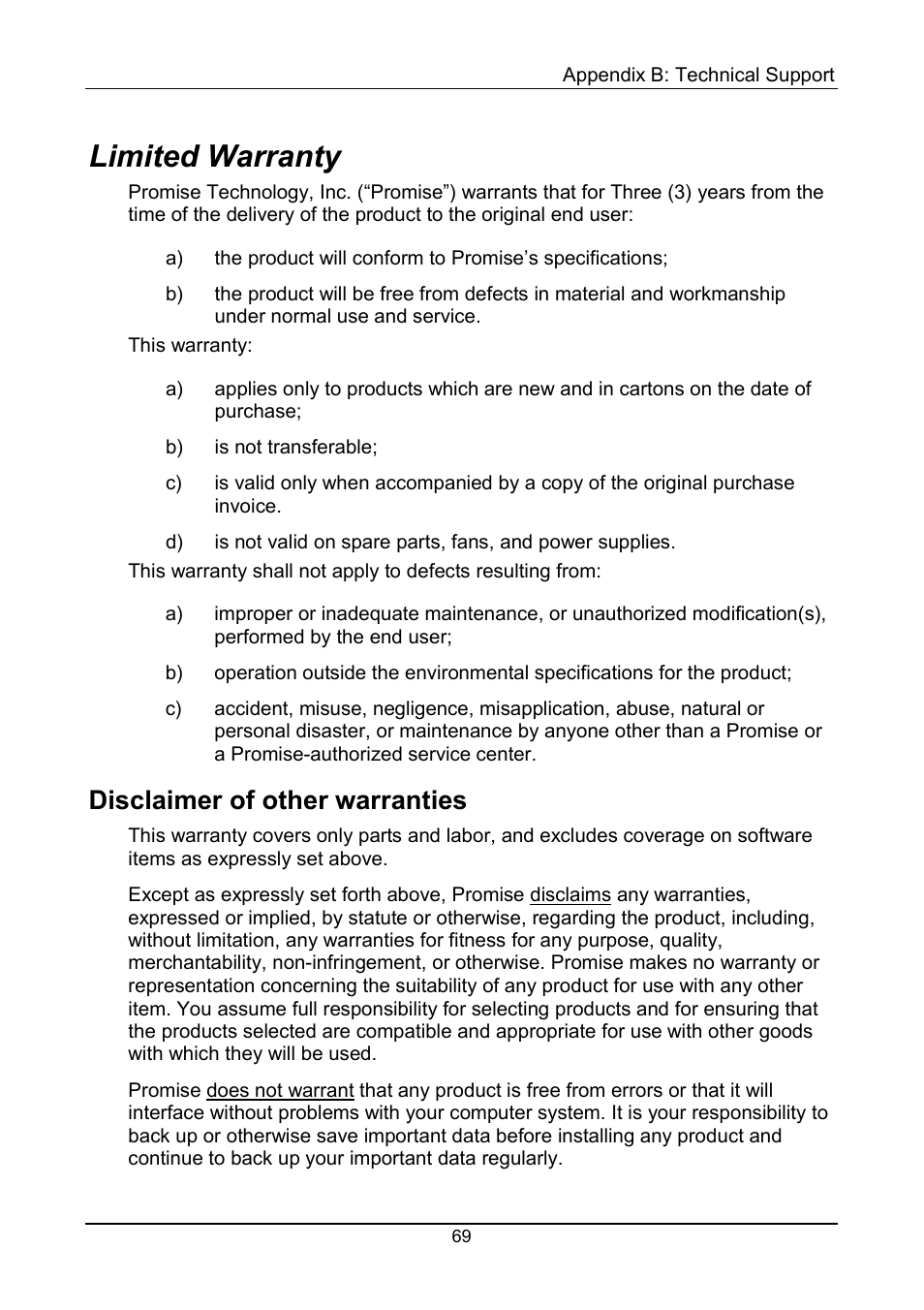 Limited warranty, Disclaimer of other warranties | Promise Technology FastTrak TX4000 User Manual | Page 73 / 76