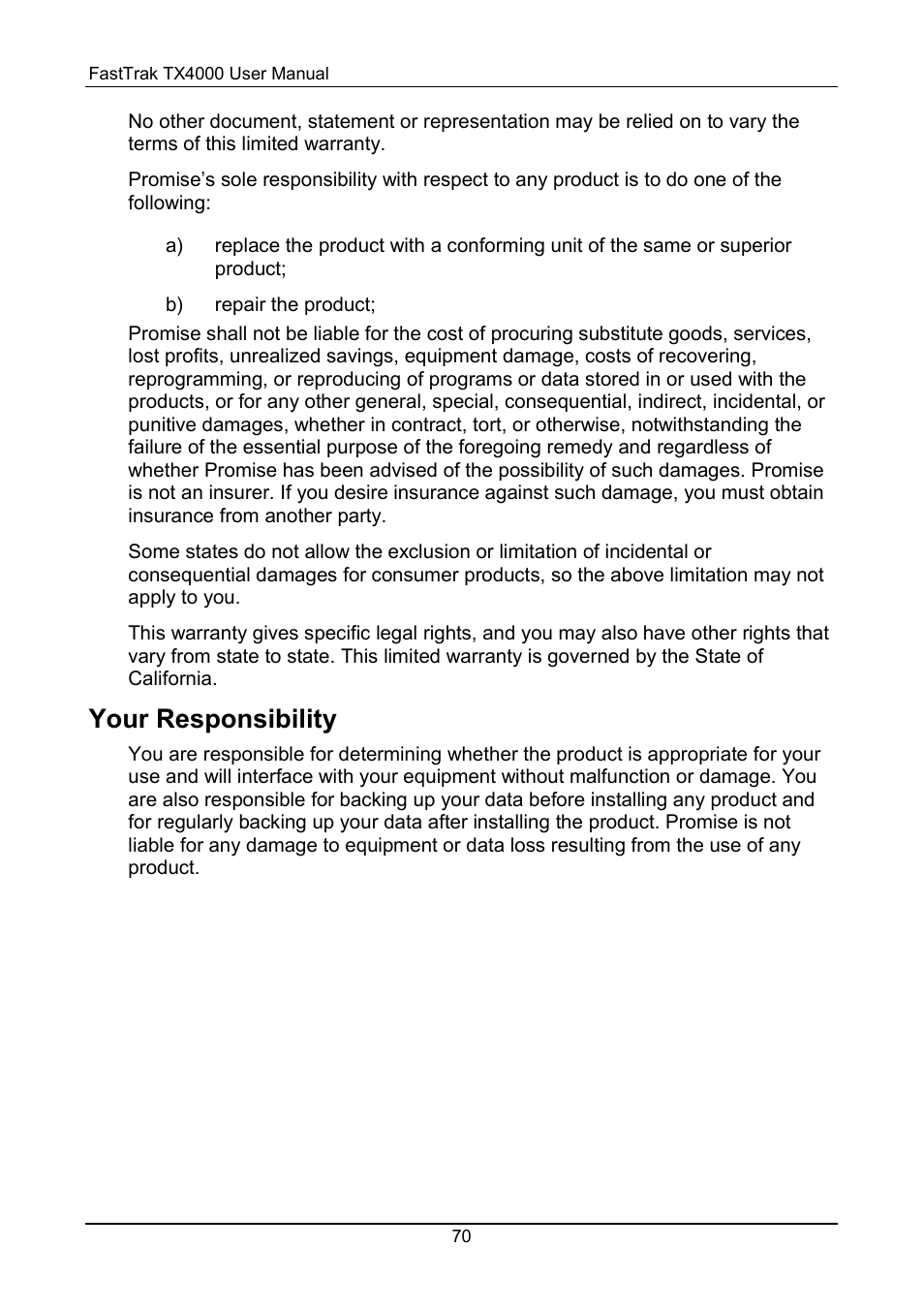 Your responsibility | Promise Technology FastTrak TX4000 User Manual | Page 74 / 76