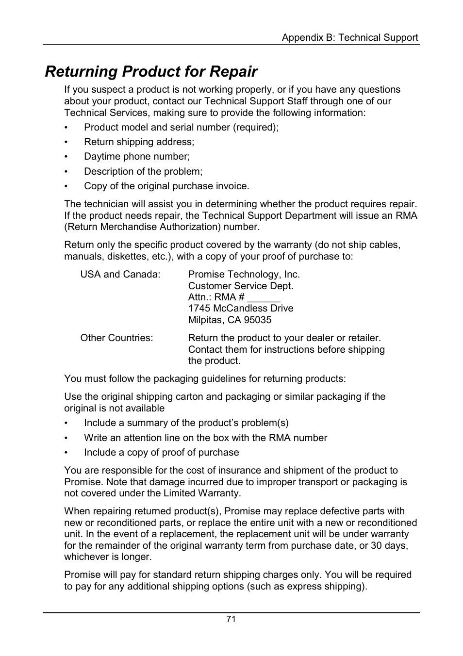 Returning product for repair | Promise Technology FastTrak TX4000 User Manual | Page 75 / 76
