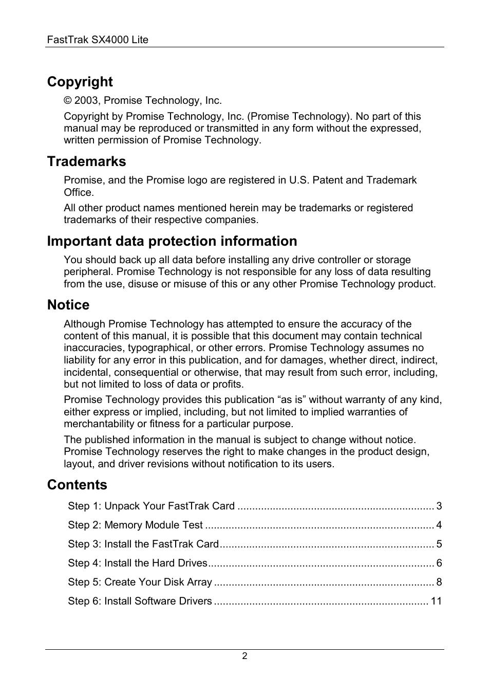 Promise Technology FastTrak SX4000 Lite User Manual | Page 2 / 11