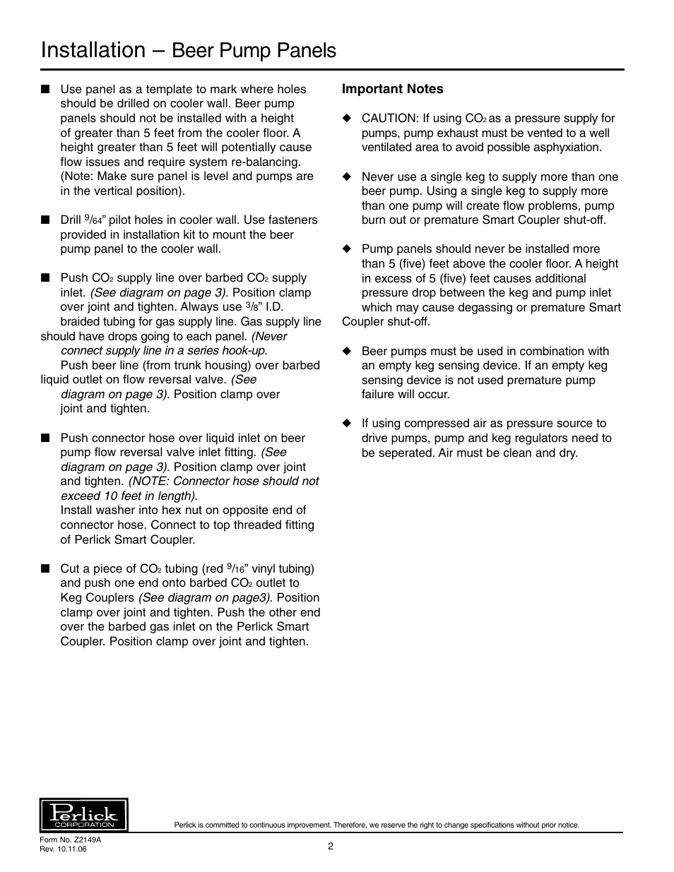 Installation, Beer pump panels | Perlick 66134-2 User Manual | Page 2 / 8