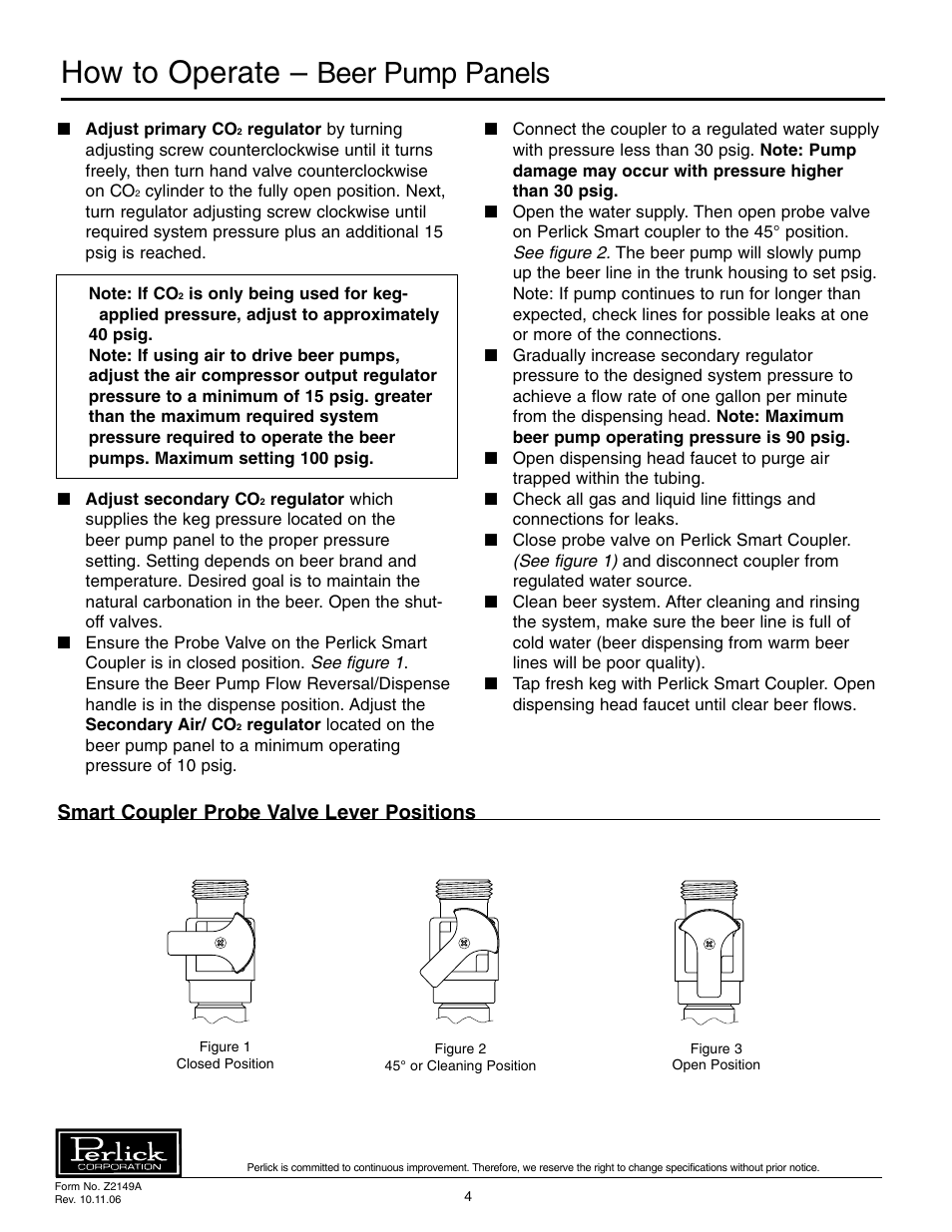 How to operate, Beer pump panels, Smart coupler probe valve lever positions | Perlick 66134-2 User Manual | Page 4 / 8