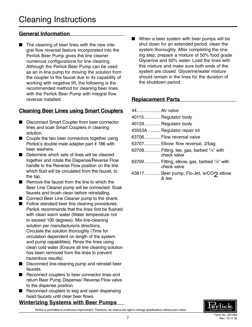 Cleaning instructions | Perlick 66134-2 User Manual | Page 7 / 8