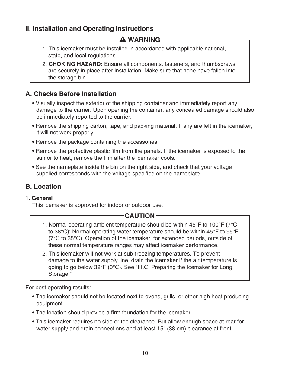 Ii. installation and operating instructions, A. checks before installation, B. location | General, A. checks before installation b. location | Perlick SELF CONTAINED H50IMS-ADR User Manual | Page 10 / 31