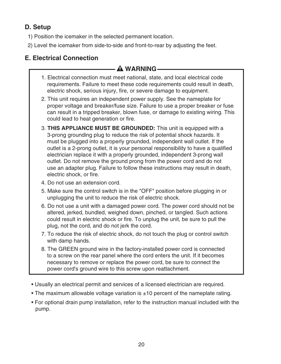 D. setup, E. electrical connection, D. setup e. electrical connection | Perlick SELF CONTAINED H50IMS-ADR User Manual | Page 20 / 31