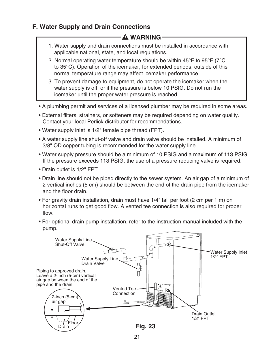 F. water supply and drain connections, F. water supply and drain connections warning, Fig. 23 | Perlick SELF CONTAINED H50IMS-ADR User Manual | Page 21 / 31