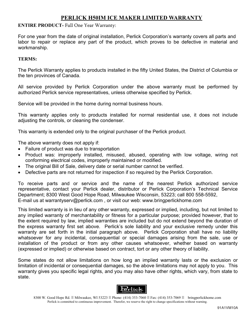 Perlick SELF CONTAINED H50IMS-ADR User Manual | Page 31 / 31