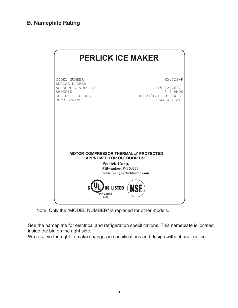 B. nameplate rating, Perlick ice maker | Perlick SELF CONTAINED H50IMS-ADR User Manual | Page 5 / 31