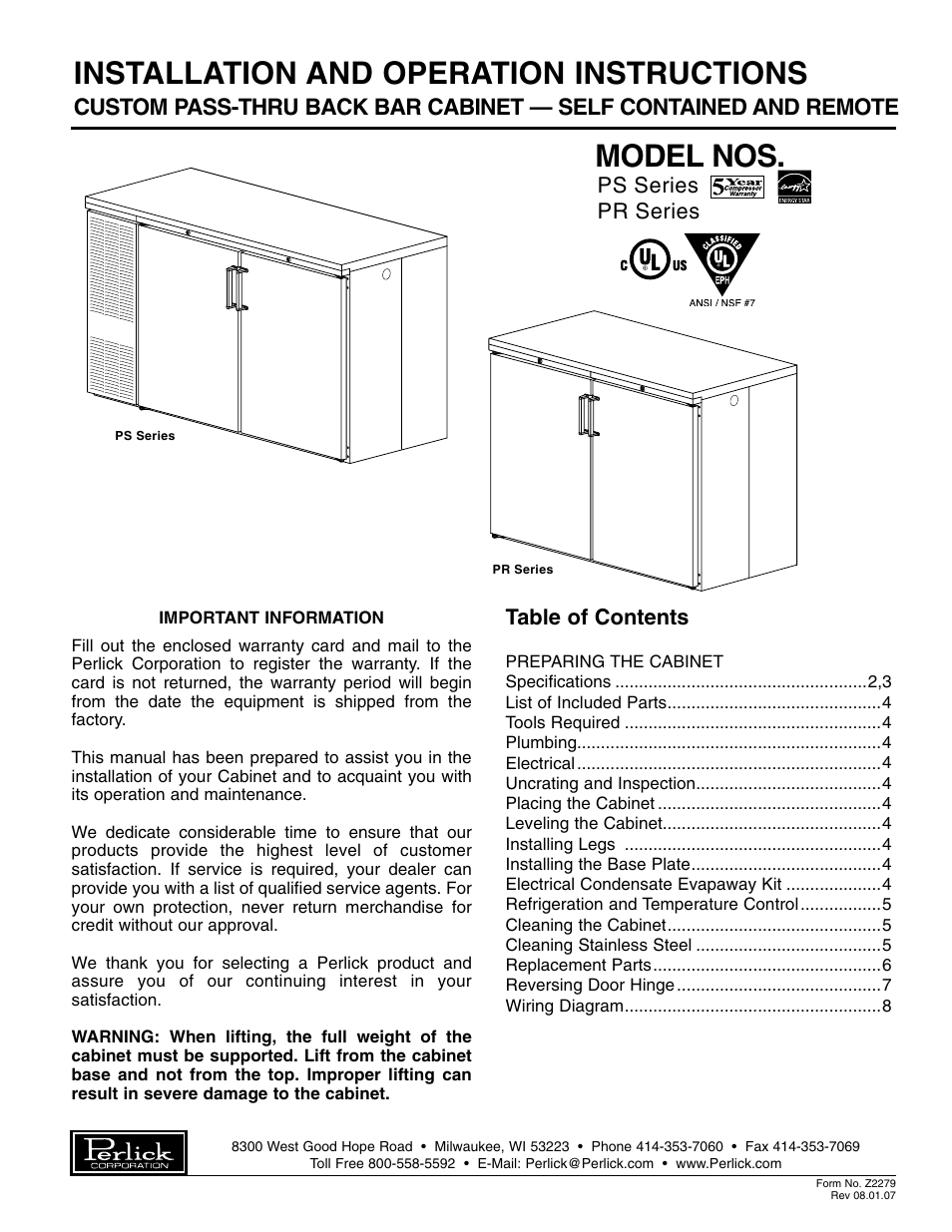 Perlick PS60 User Manual | 8 pages