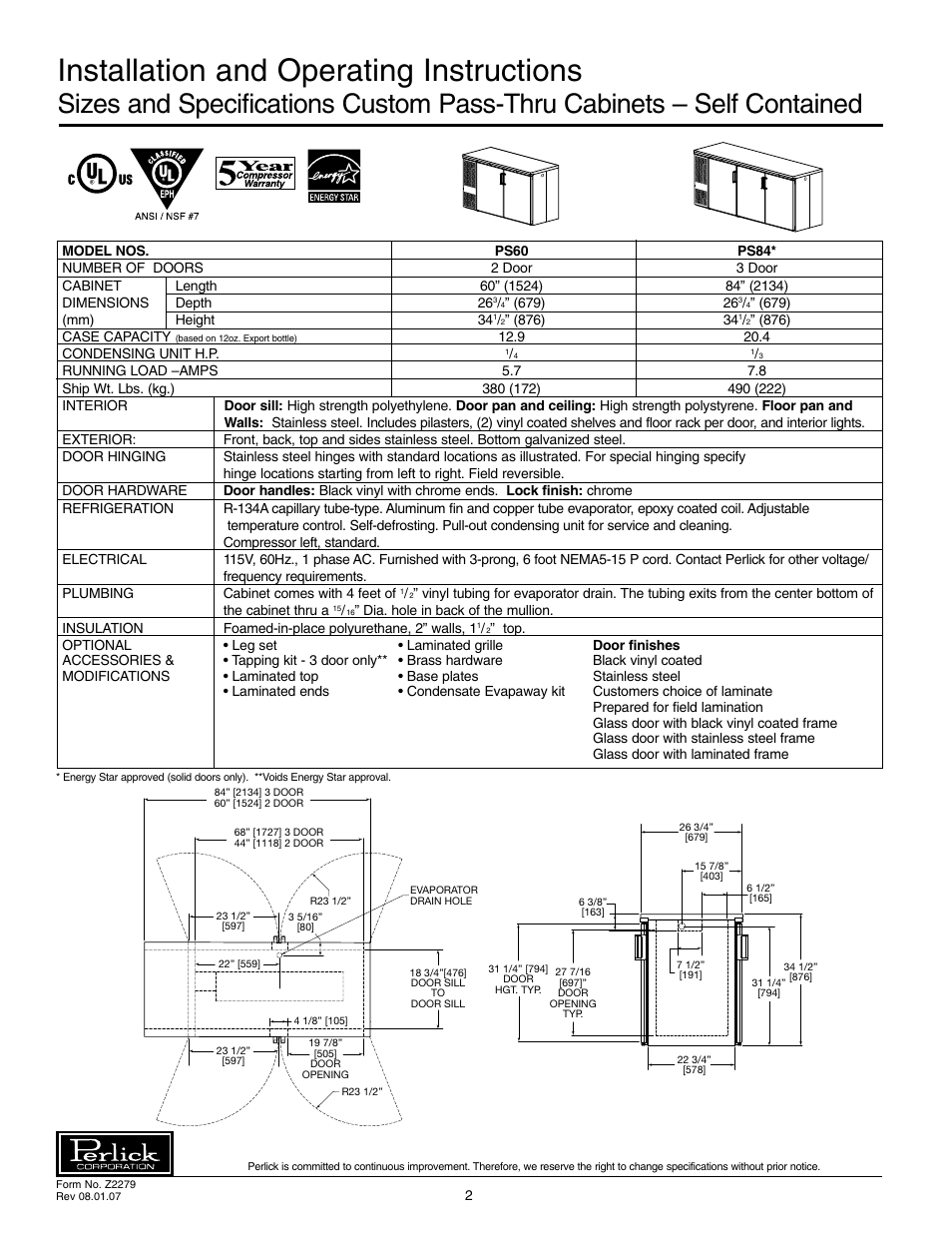 Installation and operating instructions | Perlick PS60 User Manual | Page 2 / 8