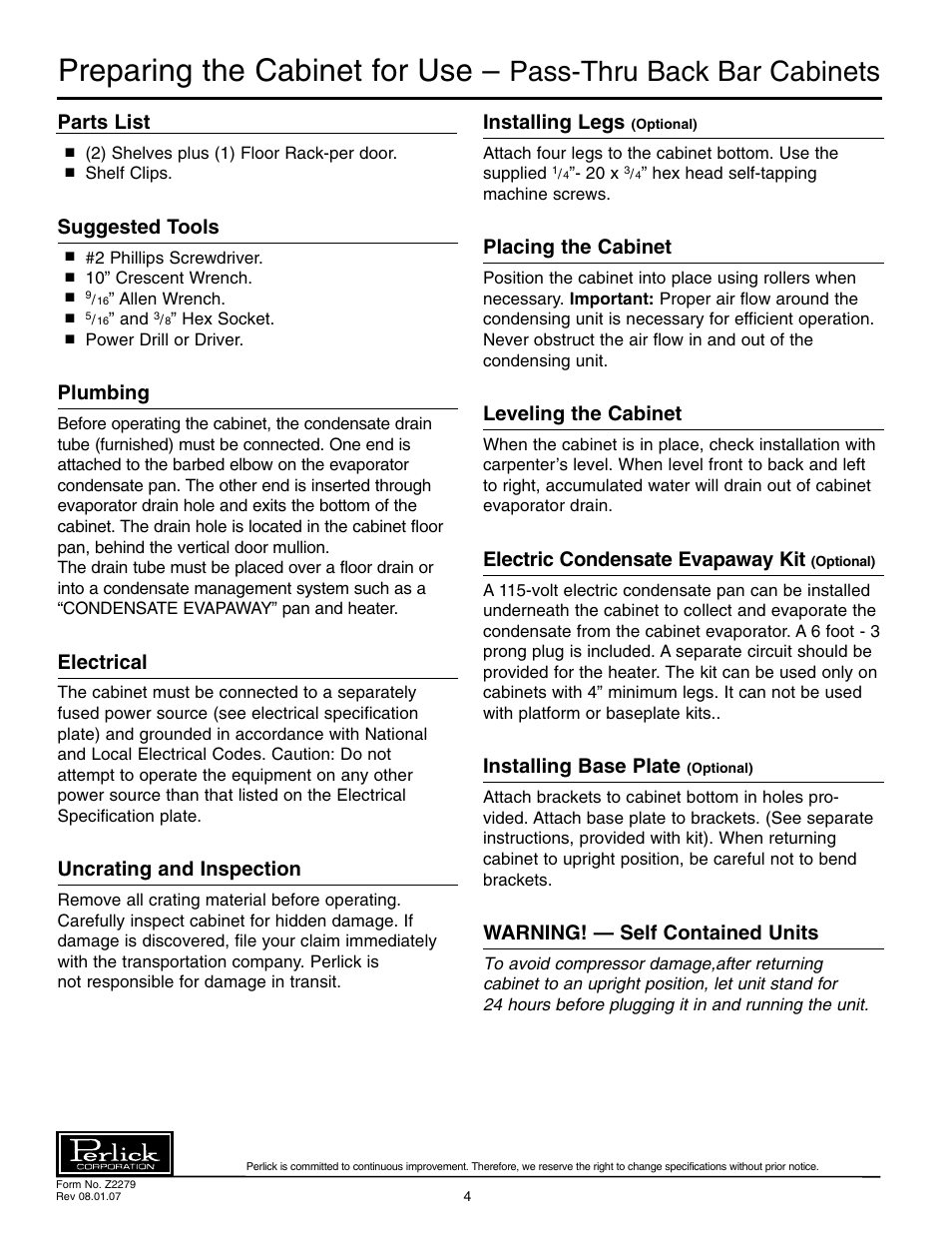 Preparing the cabinet for use, Pass-thru back bar cabinets, Parts list | Suggested tools, Plumbing, Electrical, Uncrating and inspection, Installing legs, Placing the cabinet, Leveling the cabinet | Perlick PS60 User Manual | Page 4 / 8