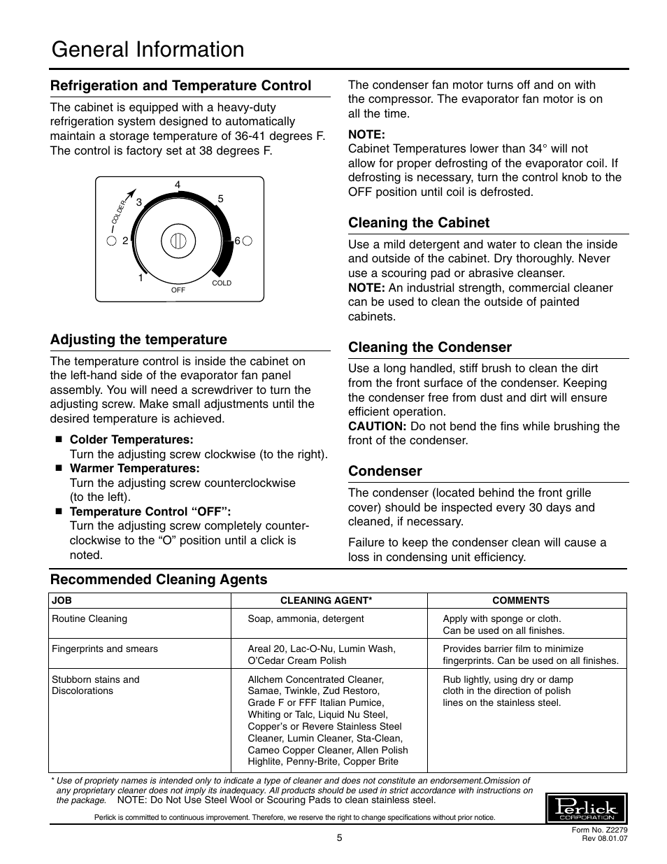 General information, Refrigeration and temperature control, Adjusting the temperature | Cleaning the cabinet, Cleaning the condenser, Condenser, Recommended cleaning agents | Perlick PS60 User Manual | Page 5 / 8