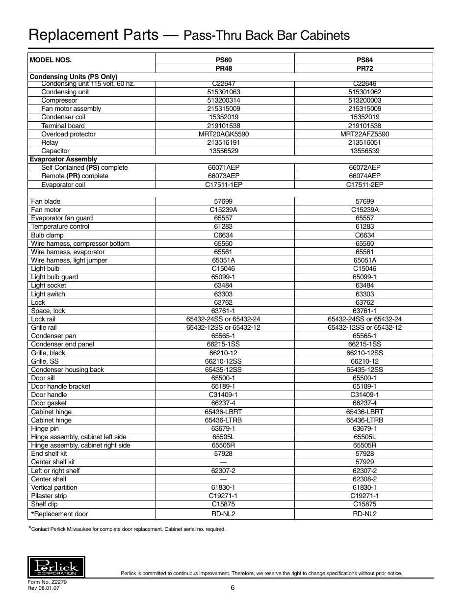 Replacement parts, Pass-thru back bar cabinets | Perlick PS60 User Manual | Page 6 / 8