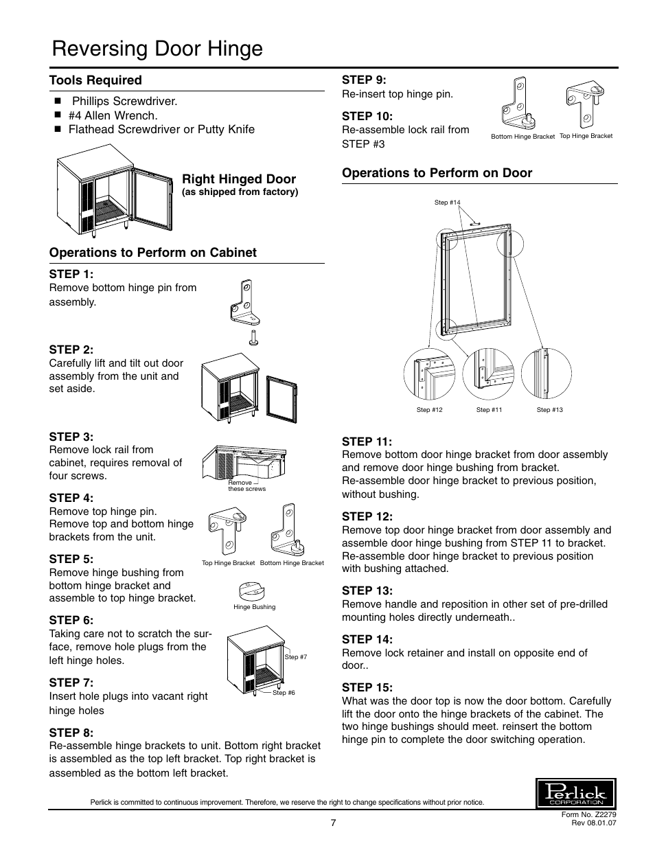 Reversing door hinge, Tools required, Right hinged door | Operations to perform on cabinet, Operations to perform on door | Perlick PS60 User Manual | Page 7 / 8