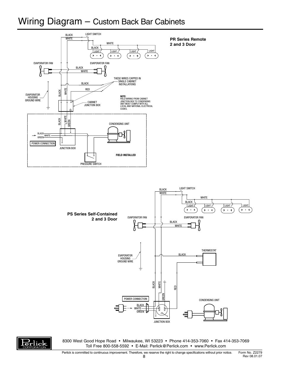 Wiring diagram, Custom back bar cabinets | Perlick PS60 User Manual | Page 8 / 8