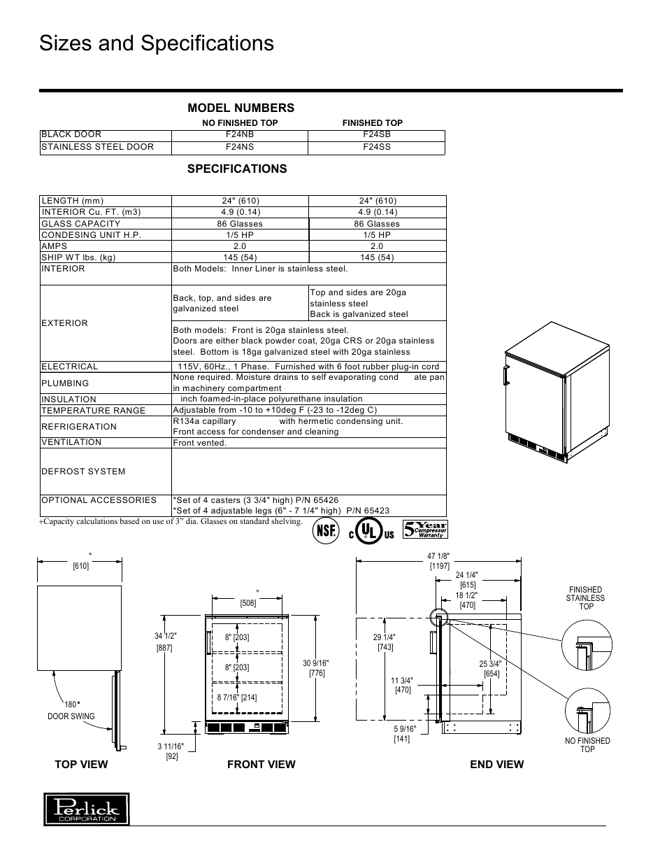 Sizes and specifications single door freezer, Model, Numbers | Specifications | Perlick F24S F24N User Manual | Page 2 / 8
