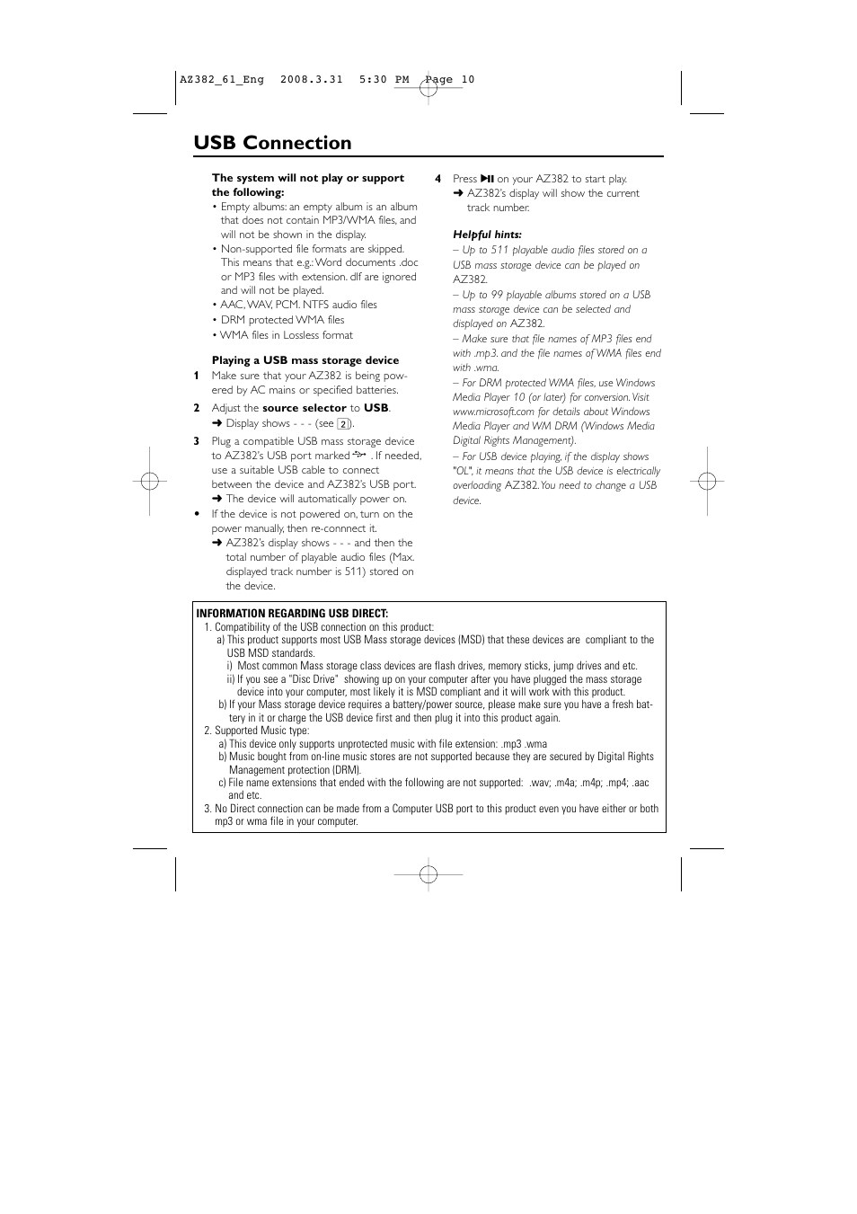 Usb connection | Philips AZ382 User Manual | Page 10 / 14