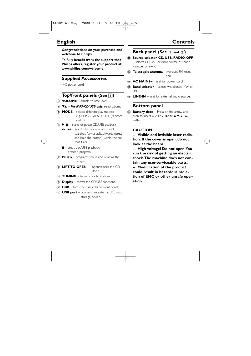 English controls, Supplied accessories, Top/front panels | Back panel, Bottom panel | Philips AZ382 User Manual | Page 5 / 14