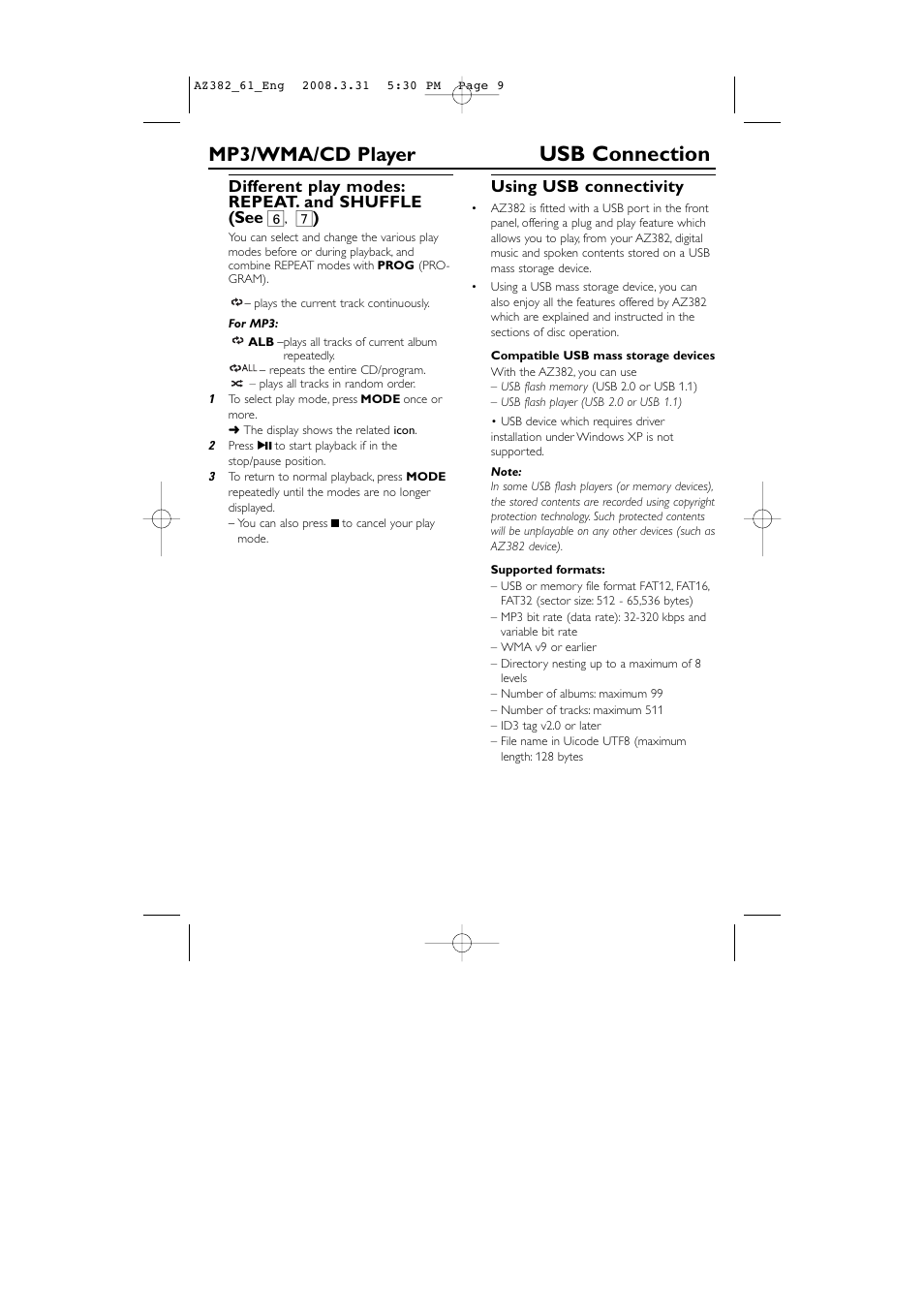 Usb connection, Mp3/wma/cd player, Different play modes: repeat. and shuffle (see 6 | Using usb connectivity | Philips AZ382 User Manual | Page 9 / 14