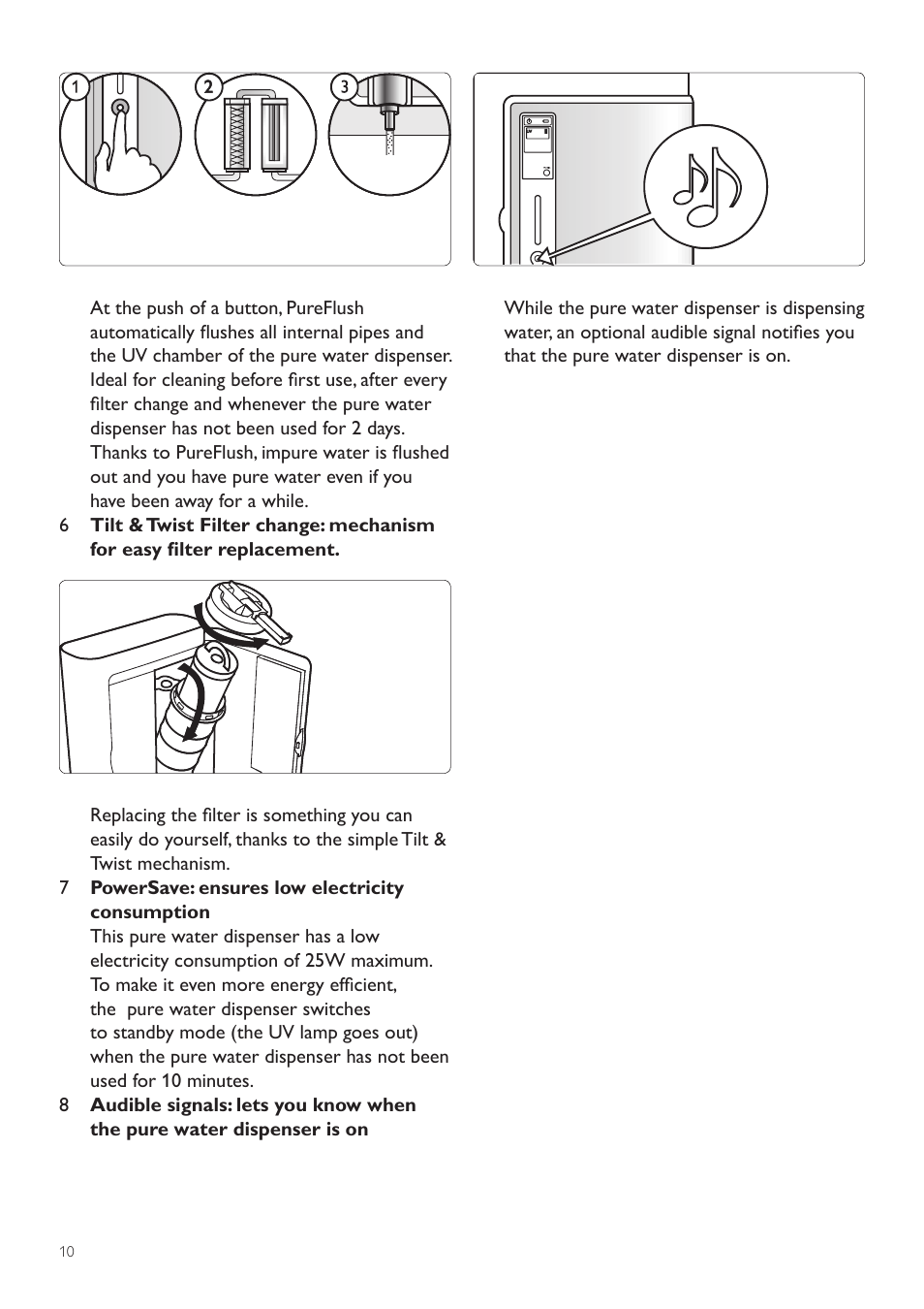 1 cleaning the pure water dispenser, 2 cleaning the macro filter, 3 cleaning the quartz tube | 7 cleaning and maintenance | Philips WP3890 User Manual | Page 10 / 80