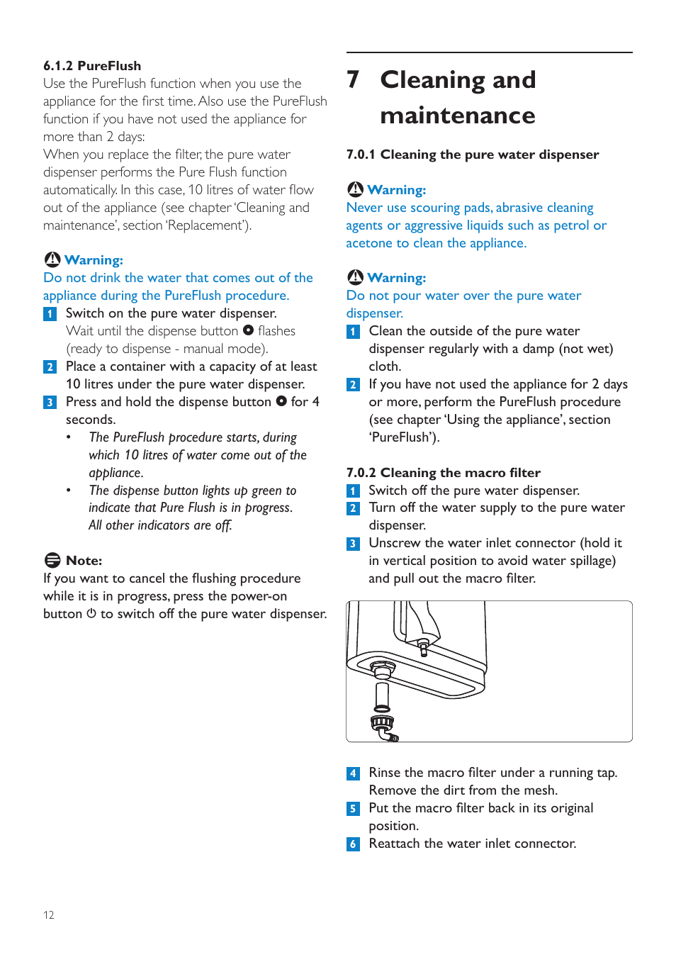 5 confirming filter replacement, 6 replacing the uv lamp unit, 7 cleaning and maintenance | Philips WP3890 User Manual | Page 12 / 80