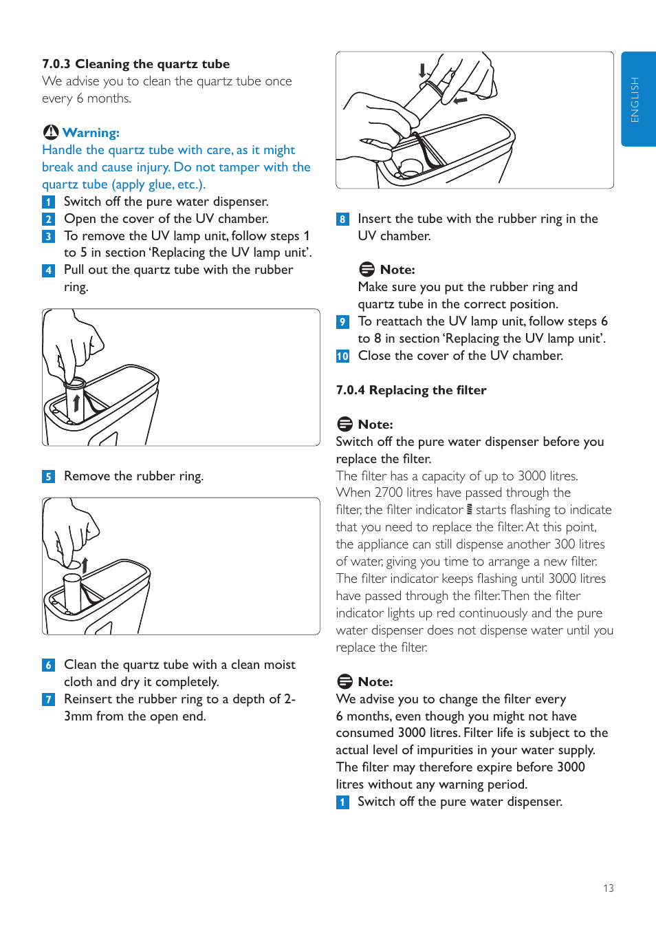 7 replacement items, 1 removing the rechargeable battery, 8 disposal | Philips WP3890 User Manual | Page 13 / 80