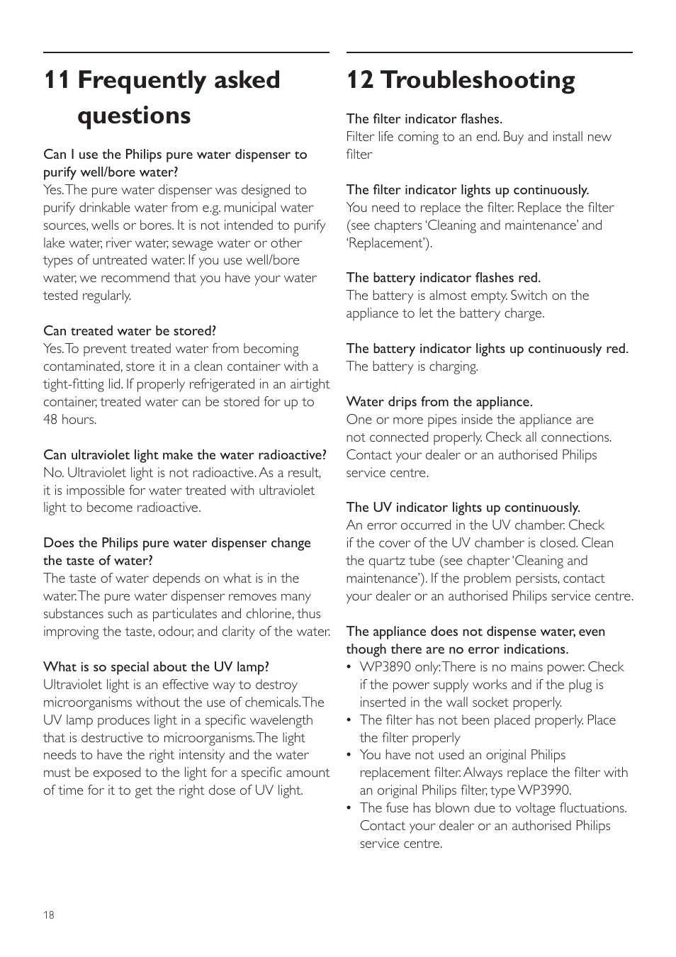 11 frequently asked questions, 12 troubleshooting | Philips WP3890 User Manual | Page 18 / 80