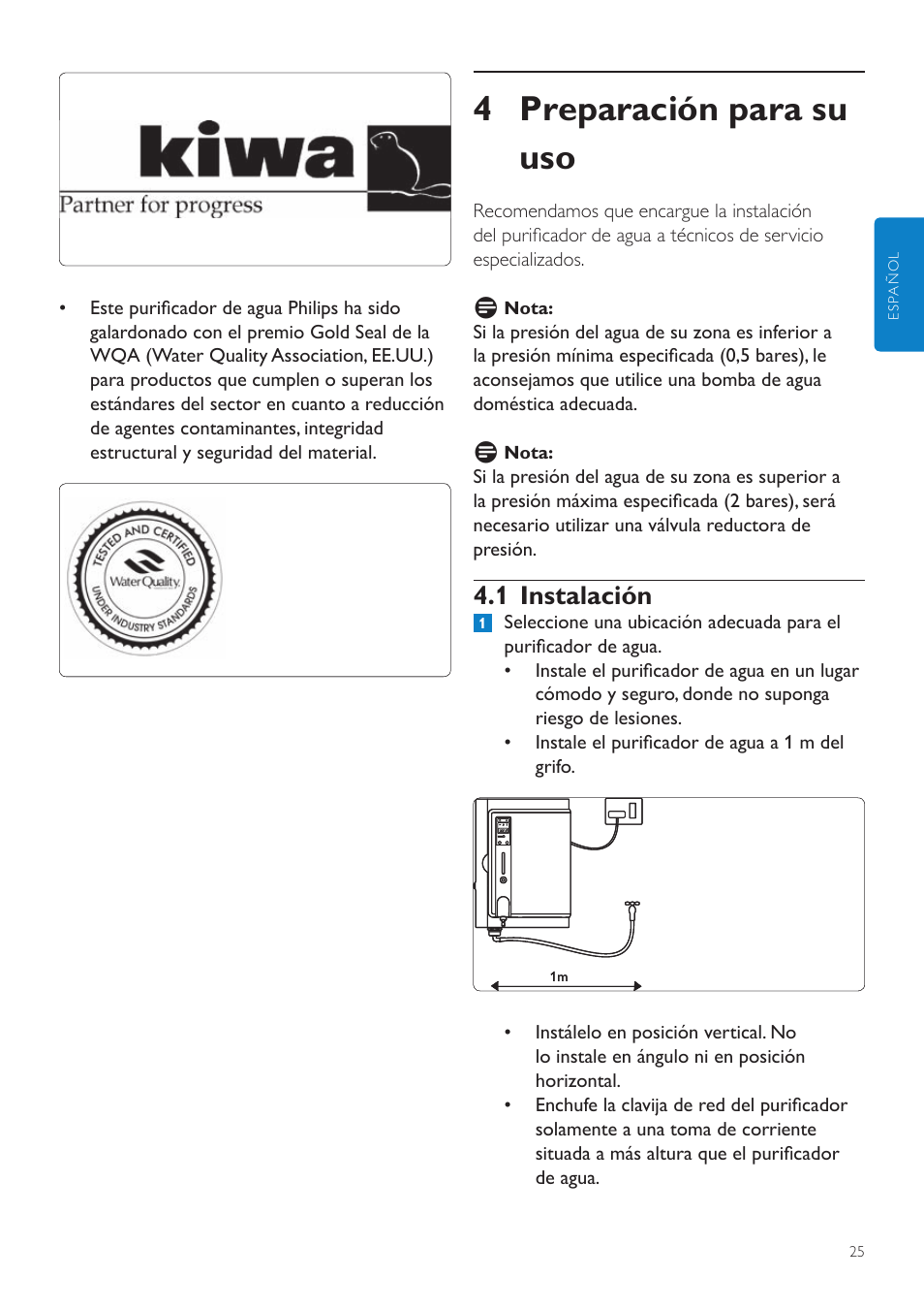 1 descripción del panel del display, 5 características, 4 preparación para su uso | 1 instalación | Philips WP3890 User Manual | Page 25 / 80
