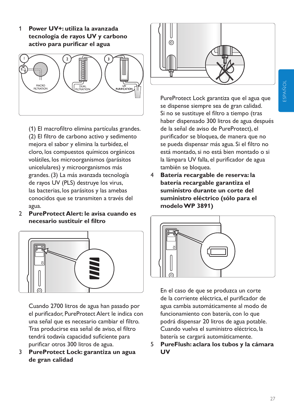 1 purificación en modo manual, 2 carga de la batería (modelo wp3891), 6 uso del aparato | 1 otras funciones, 1 activación/desactivación de la señal sonora | Philips WP3890 User Manual | Page 27 / 80