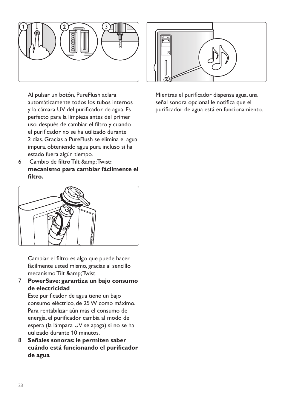 2 pureflush, 1 limpieza del purificador de agua, 2 limpieza del macrofiltro | 7 limpieza y mantenimiento | Philips WP3890 User Manual | Page 28 / 80