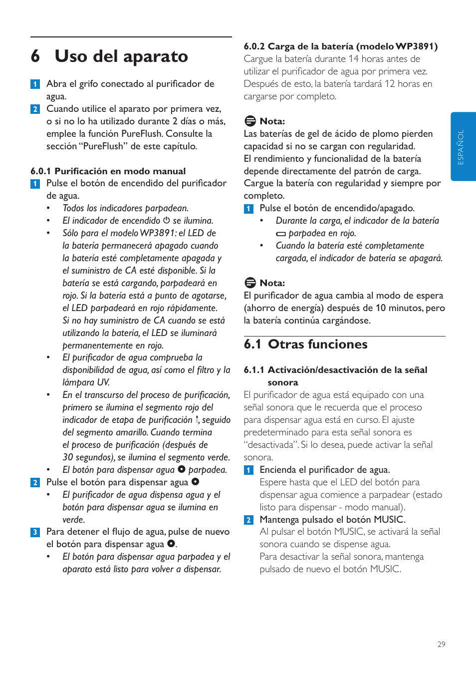 3 limpieza del tubo de cuarzo, 4 sustitución del filtro, 6 uso del aparato | 1 otras funciones | Philips WP3890 User Manual | Page 29 / 80