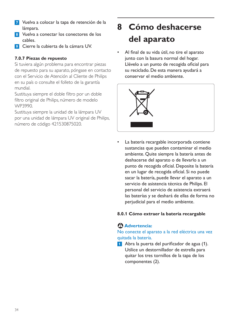 12 guía de resolución de problemas, 8 cómo deshacerse del aparato | Philips WP3890 User Manual | Page 34 / 80
