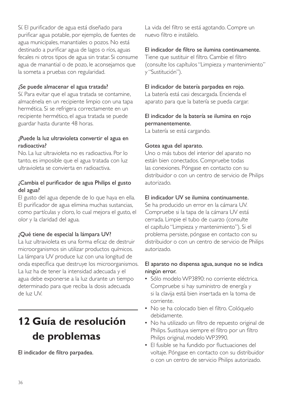 12 guía de resolución de problemas | Philips WP3890 User Manual | Page 36 / 80